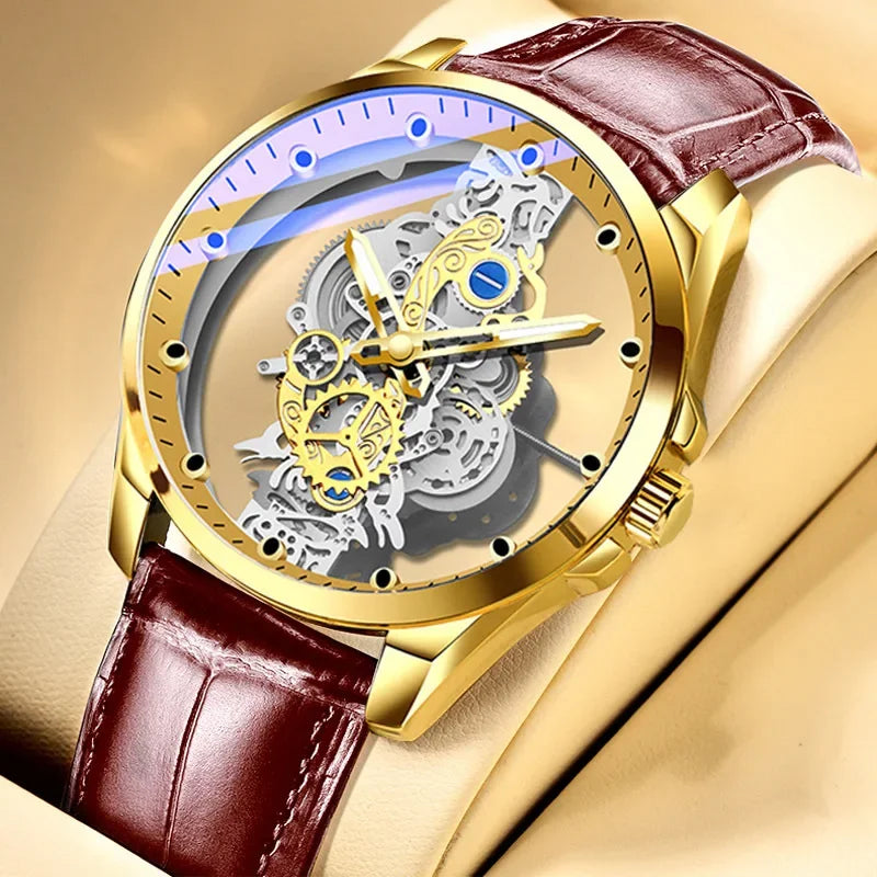 Orologio di tendenza da uomo, modello a doppia apertura, stile di lusso dorato, finto tourbillon meccanico, movimento al quarzo.