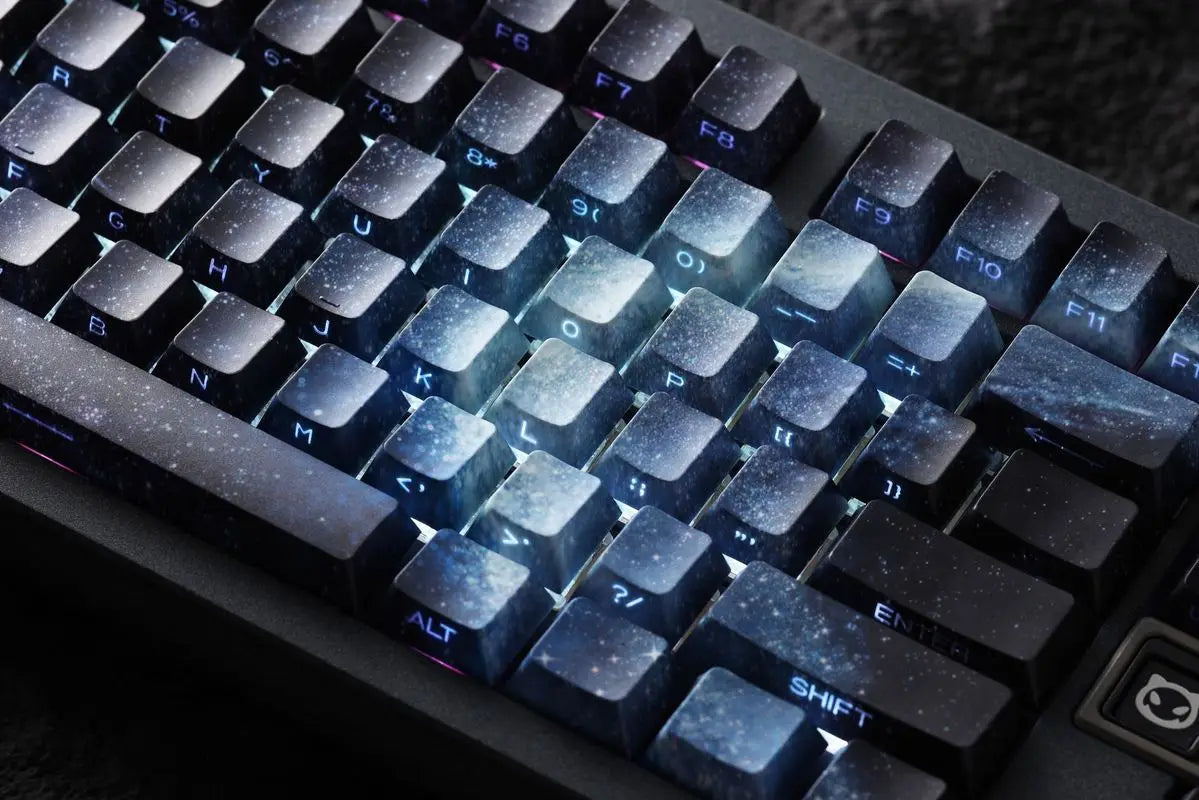 Teclas PBT transparentes con degradado galaxia morado y grabado lateral, 135 teclas, compatibles con teclado mecánico de 60/64/84/98/108 teclas