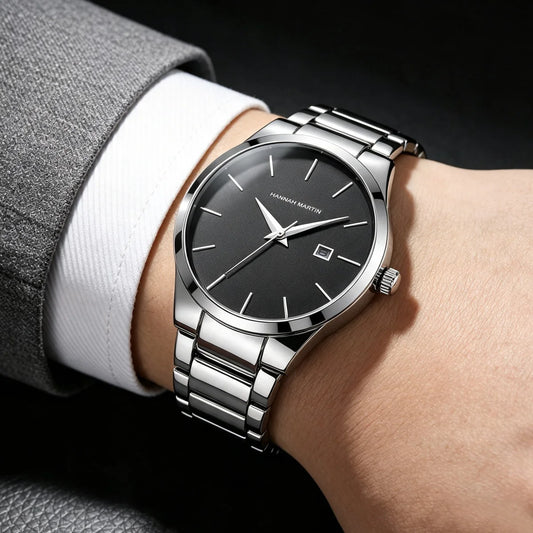 Orologio da uomo Hannah Martin, cassa in acciaio inossidabile, movimento al quarzo, quadrante da 41 mm, stile professionale, con indicazione del calendario (imitazione)