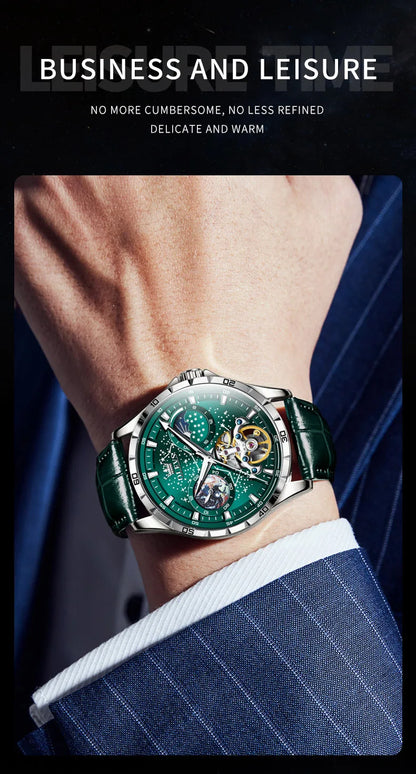 OLEVS Men’s Flywheel Skeleton Automatic Watch Starry Sky Dial, Luminous Mechanical Movement & Waterproof Business Wristwatch