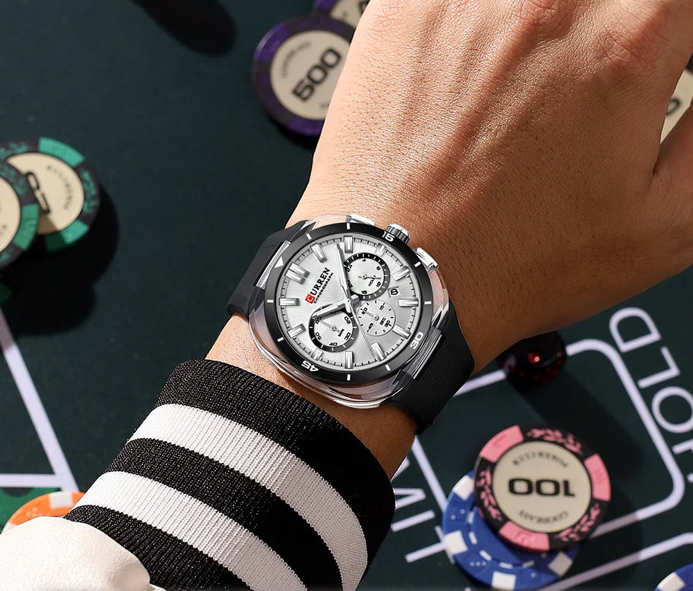 Reloj para hombre CURREN: nuevo modelo de lujo con mecanismo de cuarzo, correa de silicona, estilo deportivo, multifunción, resistente al agua, luminiscente, con indicador de fecha y cronómetro.