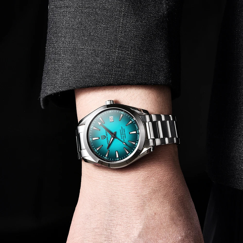Luxe herenhorloge van PAGANI DESIGN – Mechanisch automatisch model (kaliber 8215), van roestvrij staal, waterdicht, met datumweergave en lichtgevende wijzers