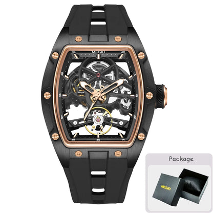 MEGIR mechanisch herenhorloge, tonvormig, opengewerkte skeletwijzerplaat, sportieve stijl, siliconen band, luxe automatisch horloge