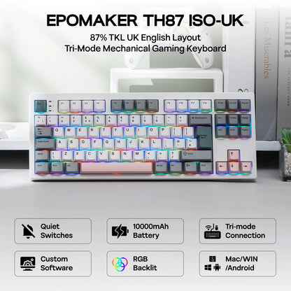 Teclado mecánico EPOMAKER TH87 con distribución ISO-UK TKL, con cable/BT/inalámbrico 2.4Ghz, NKRO, batería de 10000mAh y luz RGB