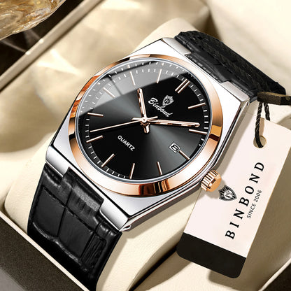 Orologio da polso al quarzo di lusso BINBOND da uomo – Impermeabile, luminescente, con data automatica – Stile professionale, sportivo, alla moda e casual – Cinturino in pelle