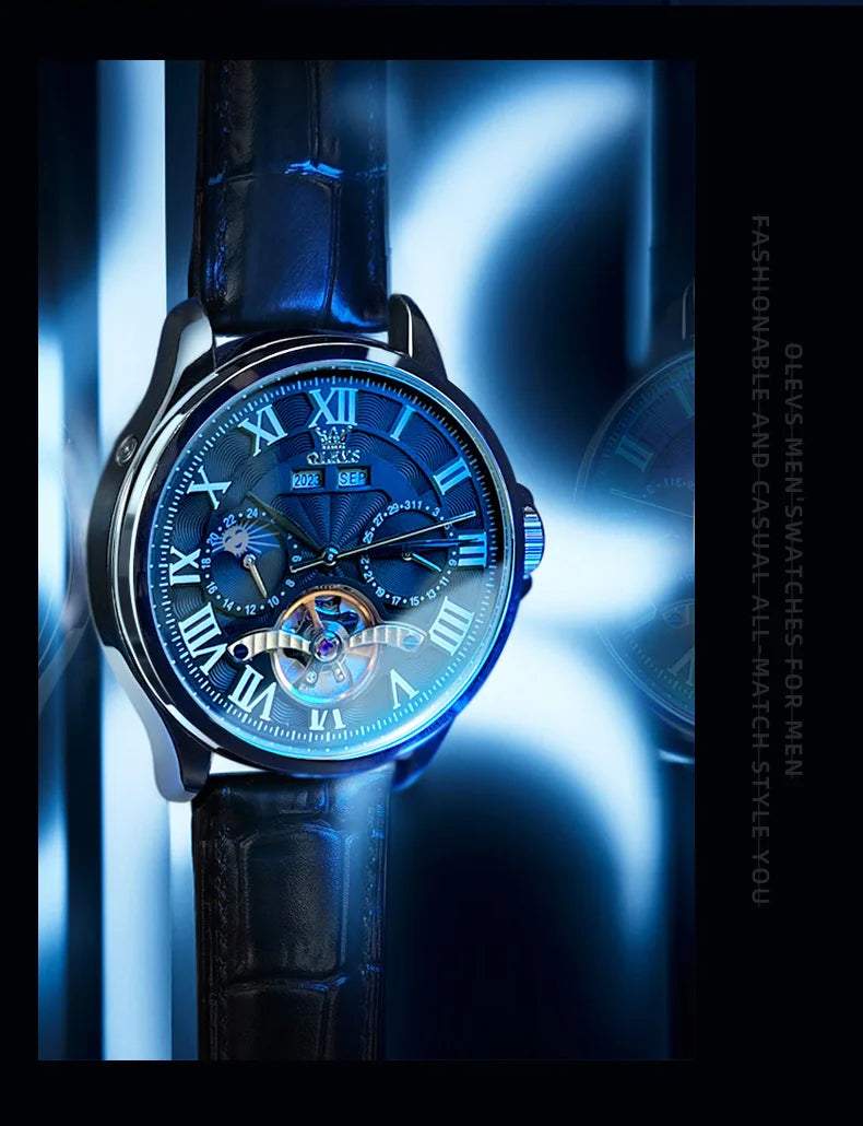 OLEVS 7013 Men’s Automatic Mechanical Watch Moon Phase, Roman Numeral Dial, Skeleton Flywheel, Luminous & 30M Waterproof
