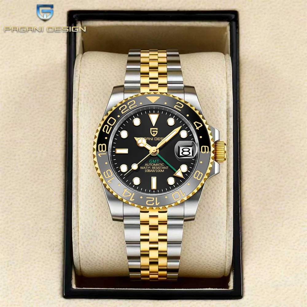 Pagani Design GMT Mechanical Men’s Watch – Luxury model with sapphire crystal, stainless steel case and ceramic bezel – Automatic men’s watch, business style
