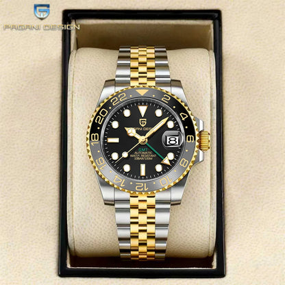 Pagani Design GMT Mechanical Men’s Watch – Luxury model with sapphire crystal, stainless steel case and ceramic bezel – Automatic men’s watch, business style
