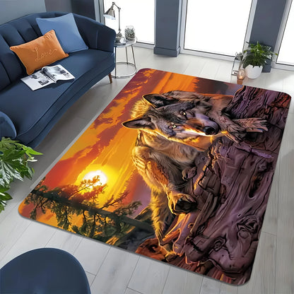 Sunset Wolf Design Rectangular Area Rug, Soft Non Slip Floor Mat for Living Room Bedroom and Office, Washable Home Decor