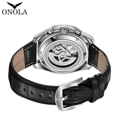 ONOLA Men’s Mechanical Watch – A luxury automatic watch with a casual style, featuring a leather strap and an openwork dial