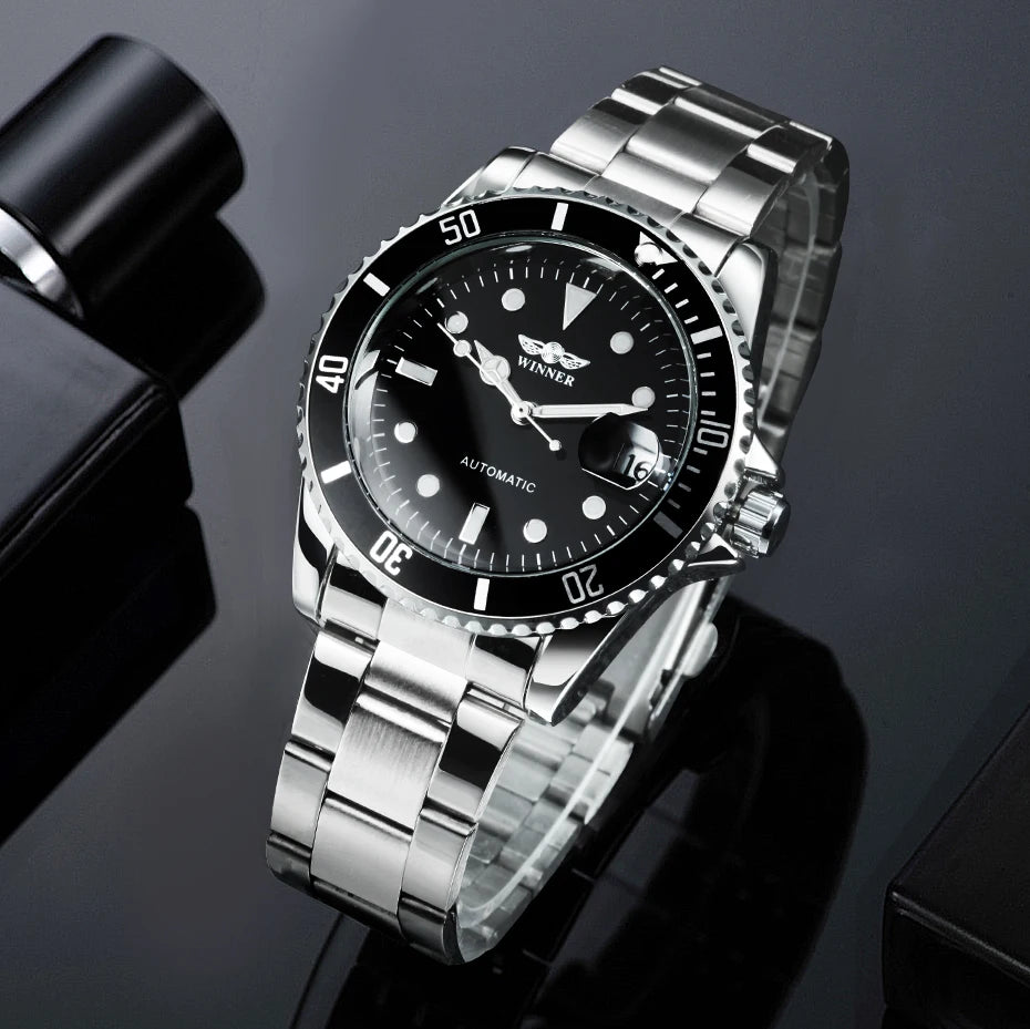 Classic mechanical watch for men – Luxury brand, business style, automatic movement, rotating bezel, luminescent dial, steel bracelet