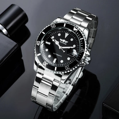 Classic mechanical watch for men – Luxury brand, business style, automatic movement, rotating bezel, luminescent dial, steel bracelet