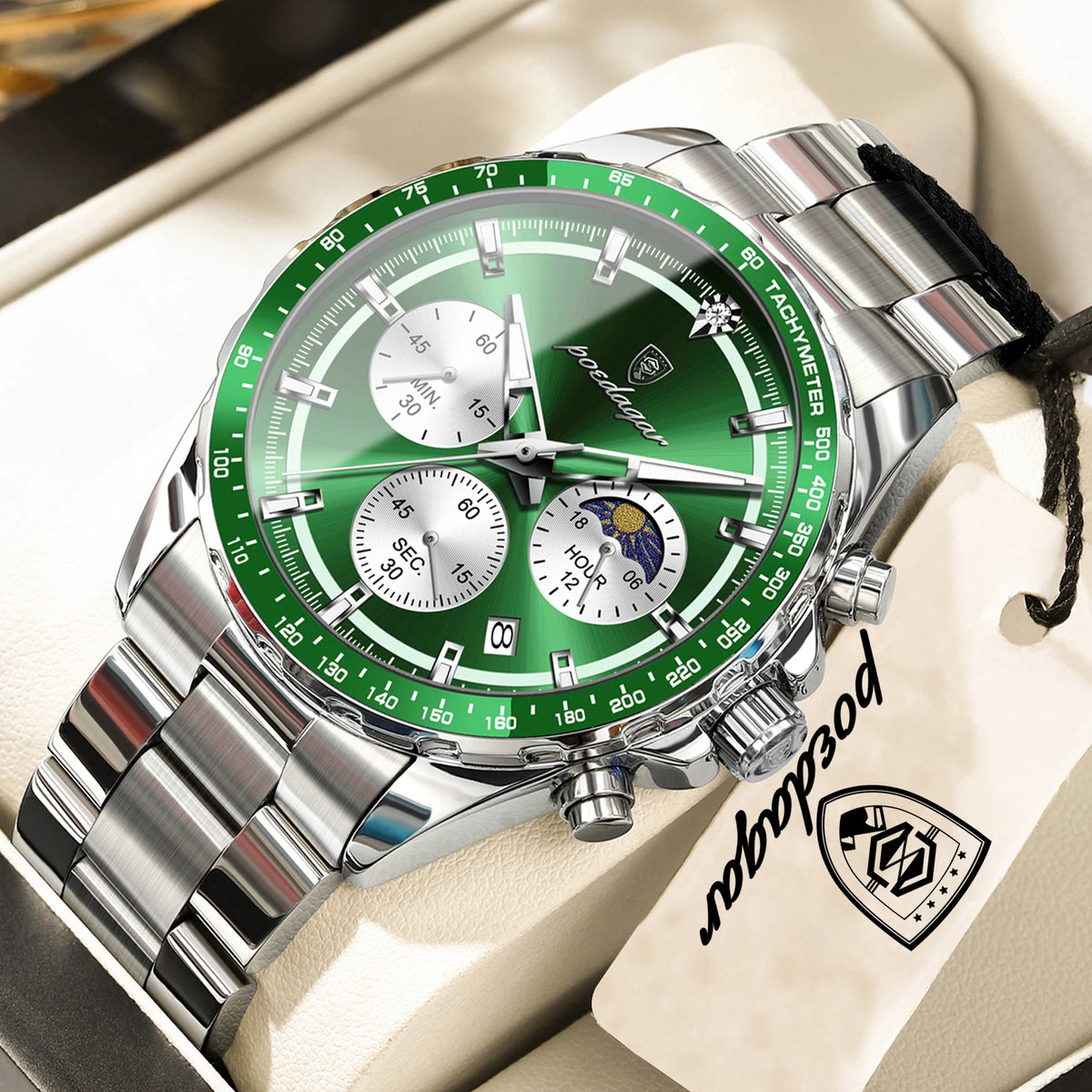 POEDAGAR luxury men’s watch: elegant and water-resistant, a quartz chronograph with date display, featuring a classic and luminous design.