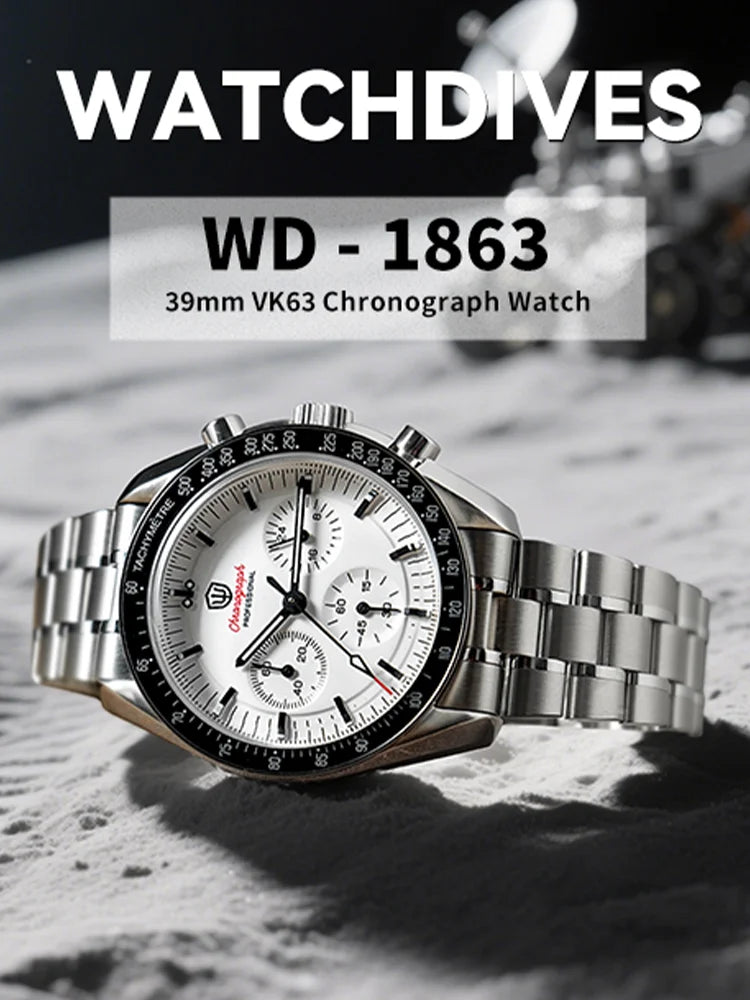 Orologio da uomo Watchdives New Wd1863 al quarzo VK63, cronografo con vetro zaffiro bombato, impermeabile, 39 mm, in acciaio, top brand, orologio business di lusso