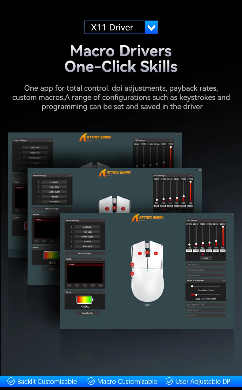 ATTACK SHARK X11SE trådløs gamingmus, tri-mode, 63g superlet med PAW3311-sensor, 22000 DPI, 300mAh batteri, dobbelt driver