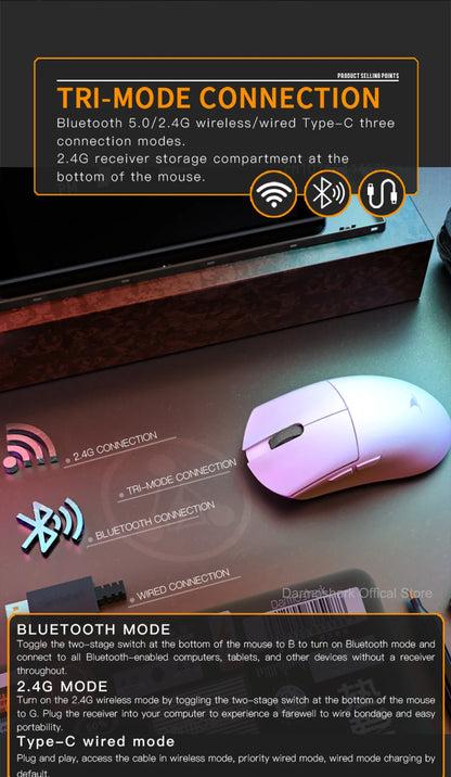 Геймърска мишка Darmoshark M3Pro 2.4G BT безжична Tri-Mode, сензор PAW3395, N52840, 26000DPI, за голяма ръка, макро драйвер, мишка за игри