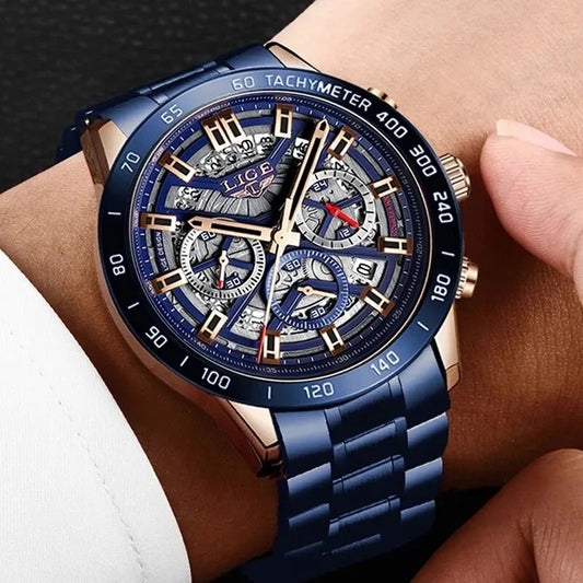 Relógio para homem LIGE – Relógio de luxo de grande marca, modelo com aberturas, cronógrafo de quartzo, estanque e desportivo