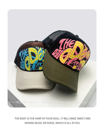 Șepci de baseball unisex interesante, cu litere imprimate 3D, cu parasolar, cu motive de desene animate, respirabile, cu blocuri de culori, șepci de camionagiu din plasă, versatile