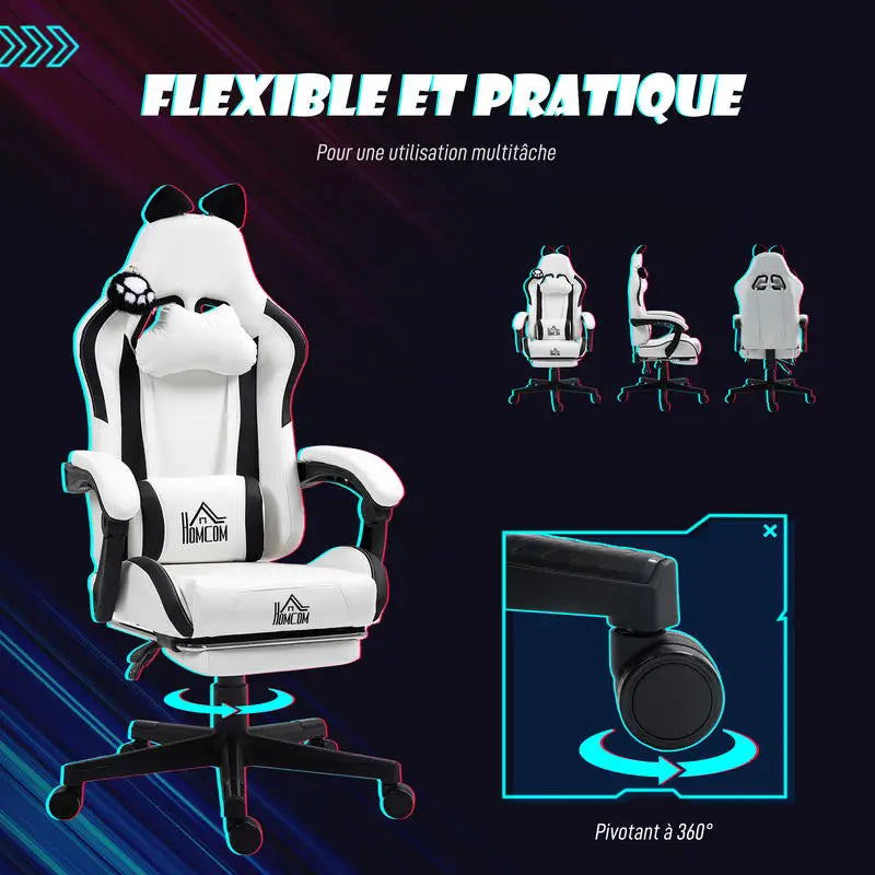 Cute Cat Shaped Gaming Chair with Removable Cat Ears and Paws,Retractable Footrest, Lumbar Head Support, 360° Swivel Gamer Chair