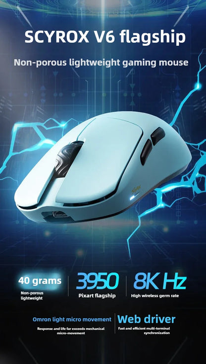 SCYROX V6 porenfreie kabellose Esports-Maus 40g 750IPS mit 8k-Empfänger, schneller Reaktion, 3950, hochwertig, 8KHz Gaming-Maus