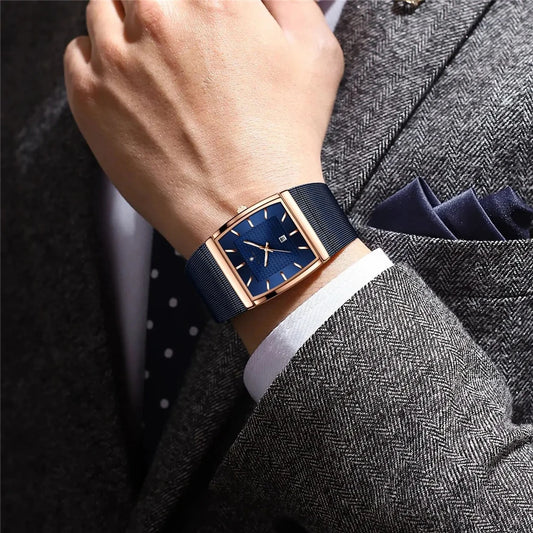 Orologi da polso al quarzo, nuovi modelli quadrati da uomo, colore oro rosa, di alta qualità; orologio di marca di lusso, modello da uomo, quadrante blu.