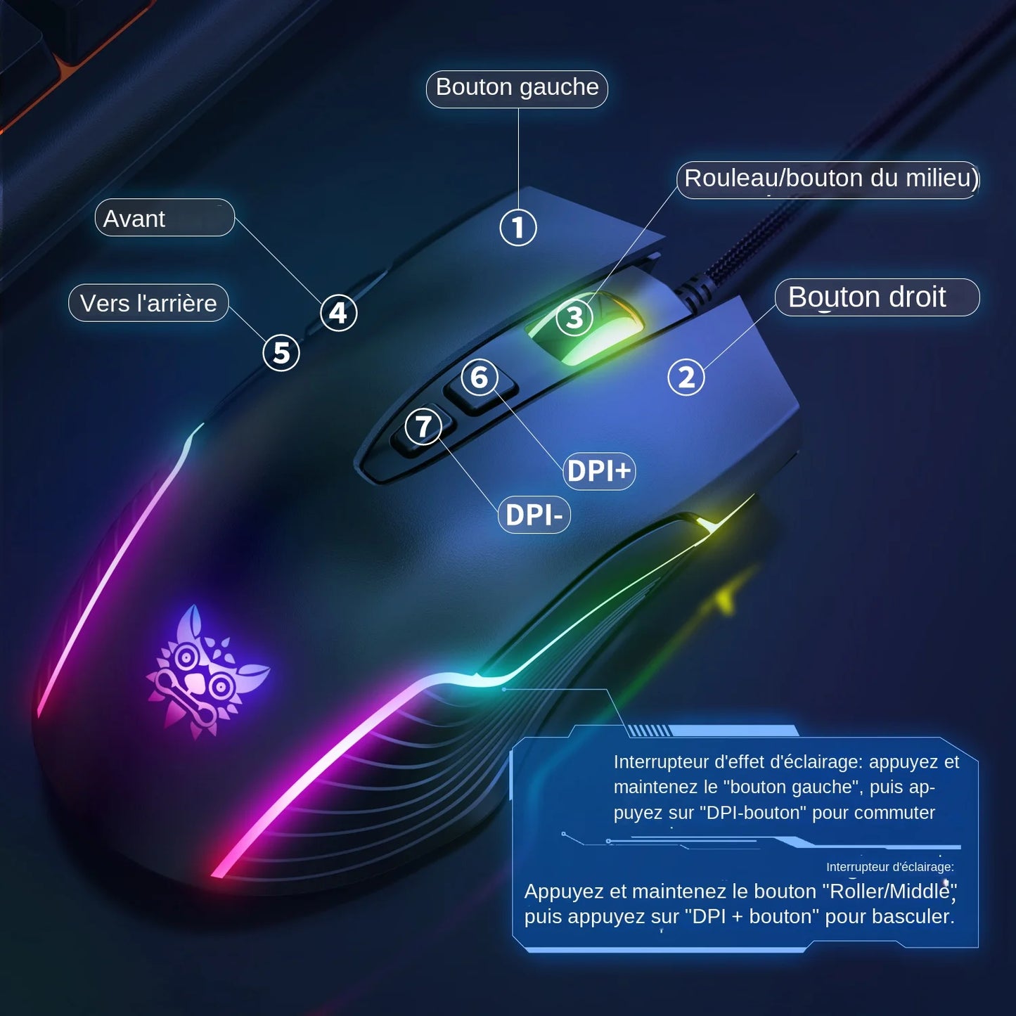 Drátová herní myš ONIKUMA, 6 úrovní nastavení, 6400 DPI, 7 programovatelných tlačítek, 7 režimů RGB osvětlení, ergonomická myš pro PC hráče