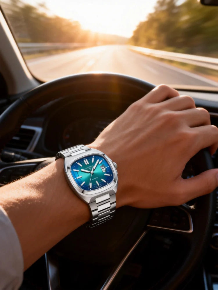 Shanghai Watch automatikus mechanikus, négyzet alakú számlapos férfi karóra, világító, 50 m-ig vízálló, dátumkijelzős, alkalmi karóra SH018