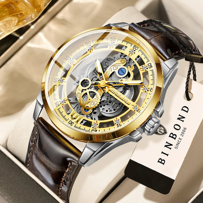 Vintage openwork BINBOND quartz wristwatch for men, luminous, water-resistant, accurate and durable, casual style.
