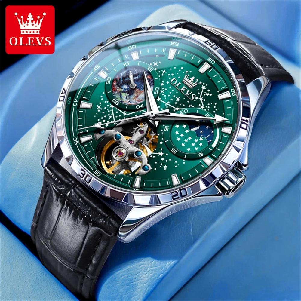 OLEVS Men’s Flywheel Skeleton Automatic Watch Starry Sky Dial, Luminous Mechanical Movement & Waterproof Business Wristwatch
