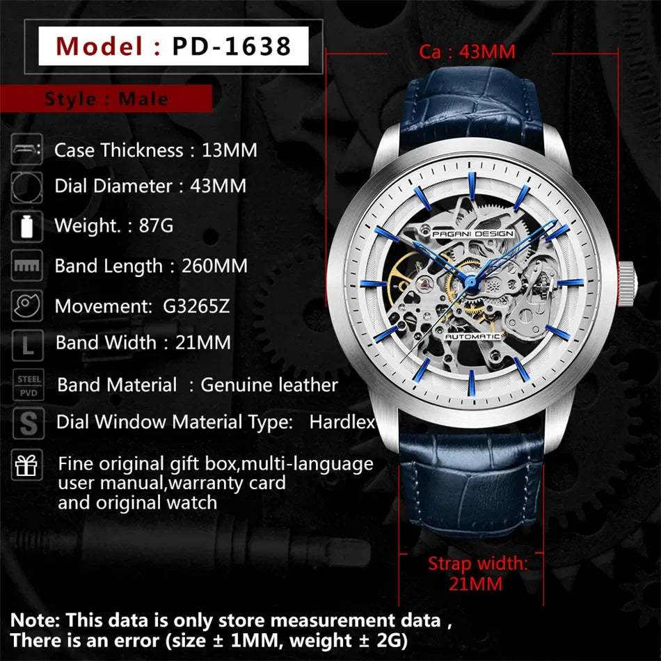 PAGANI DESIGN Business Man Watch Luxury Skeleton Hollow Leather Men's Wristwatch New Mechanical Male Clock