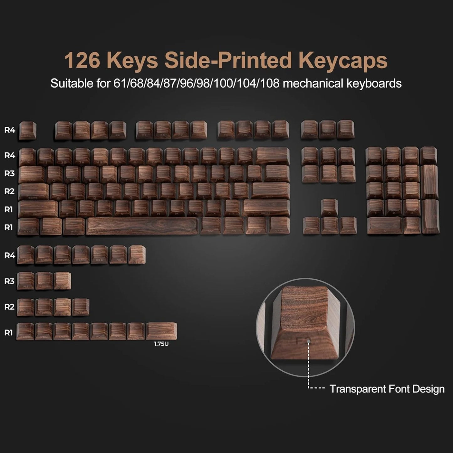 Grano de madera, tecla translúcida de cerezo con grabado lateral en PBT, 126 teclas, personalizada para teclado mecánico 60/84/98/108