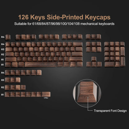 Grano de madera, tecla translúcida de cerezo con grabado lateral en PBT, 126 teclas, personalizada para teclado mecánico 60/84/98/108