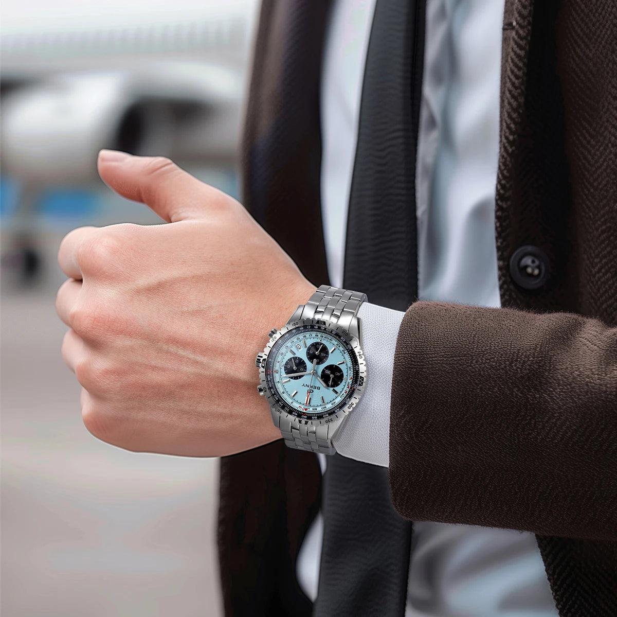 Montre chronographe pour homme BERNY – Montre à quartz multifonction de style aviation, dotée d'un affichage de la date, d'un verre saphir et d'une excellente luminescence – Montre-bracelet de luxe pour homme