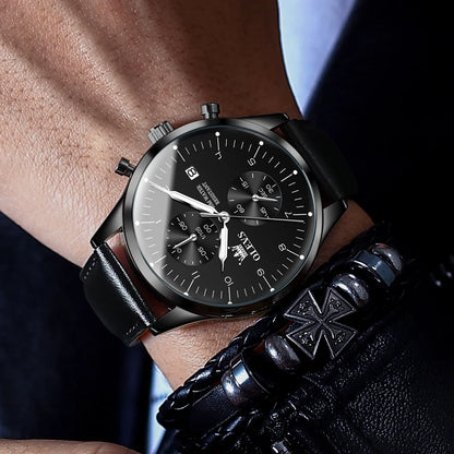 OLEVS 2880 Men’s Watch – Elegant and sleek chronograph, leather strap, automatic date display, water-resistant, luminescent hands, quartz movement.