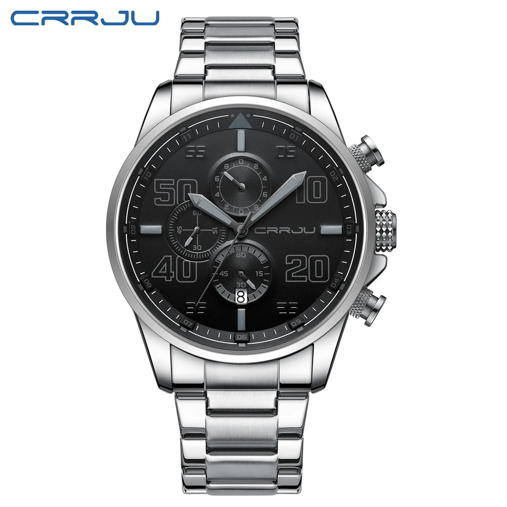 CRRJU men’s watch – Luxury chronograph, large dial, stainless steel, water-resistant, with date display