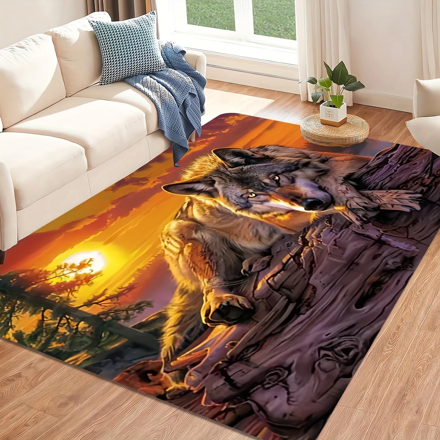 Sunset Wolf Design Rectangular Area Rug, Soft Non Slip Floor Mat for Living Room Bedroom and Office, Washable Home Decor