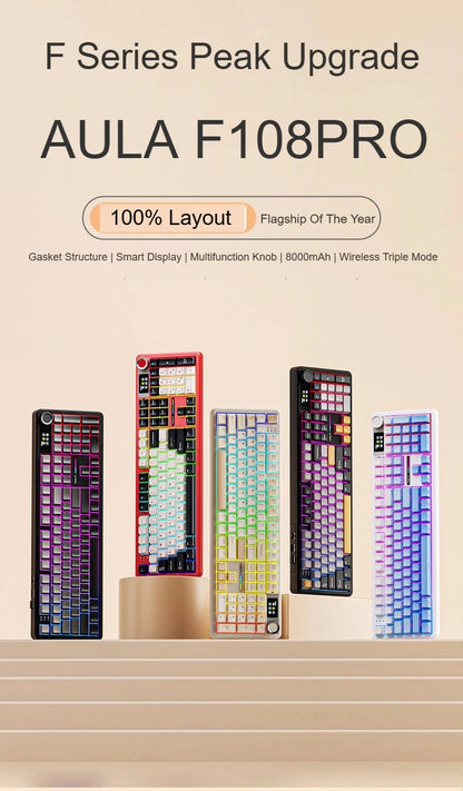 Teclado mecánico AULA F108 PRO personalizado con distribución 100%, retroiluminación RGB, Bluetooth inalámbrico, interruptores HiFi para gaming