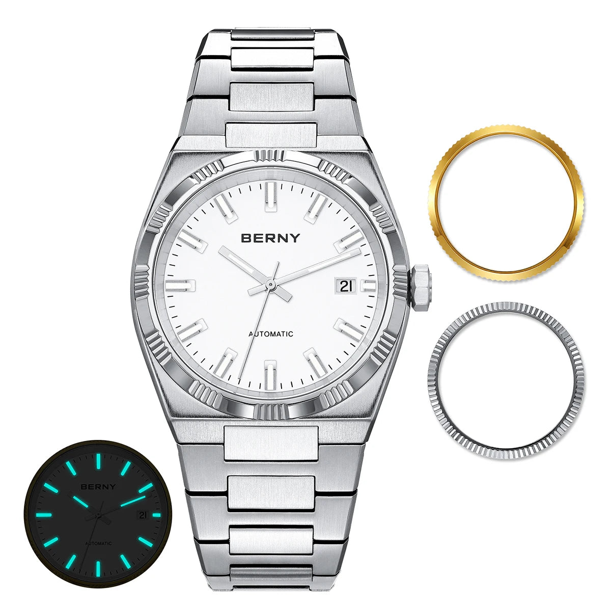 BERNY men’s automatic watch, gold-coloured, sapphire crystal, luminescent hands, 100% genuine, fitted with a PT5000 movement, anti-reflective coating, luxury model with interchangeable bezel, water-resistant to 5 ATM.