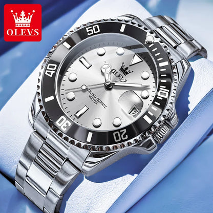 Montre pour homme OLEVS 5885 – Modèle authentique, bracelet en acier, calendrier, mouvement à quartz, livrée dans un coffret cadeau de luxe
