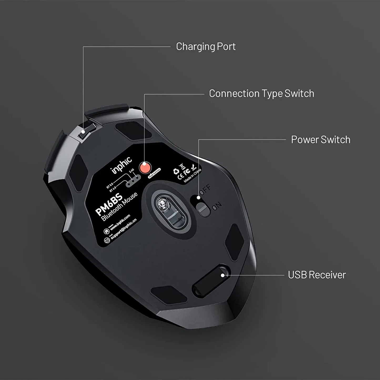 INPHIC A1 Bluetooth Mouse, Rechargeable 2.4G Tri-Mode Optical Mute Wireless Mouse, 1600 DPI for Mac, Laptop, PC, Tablet, Mobile Phone