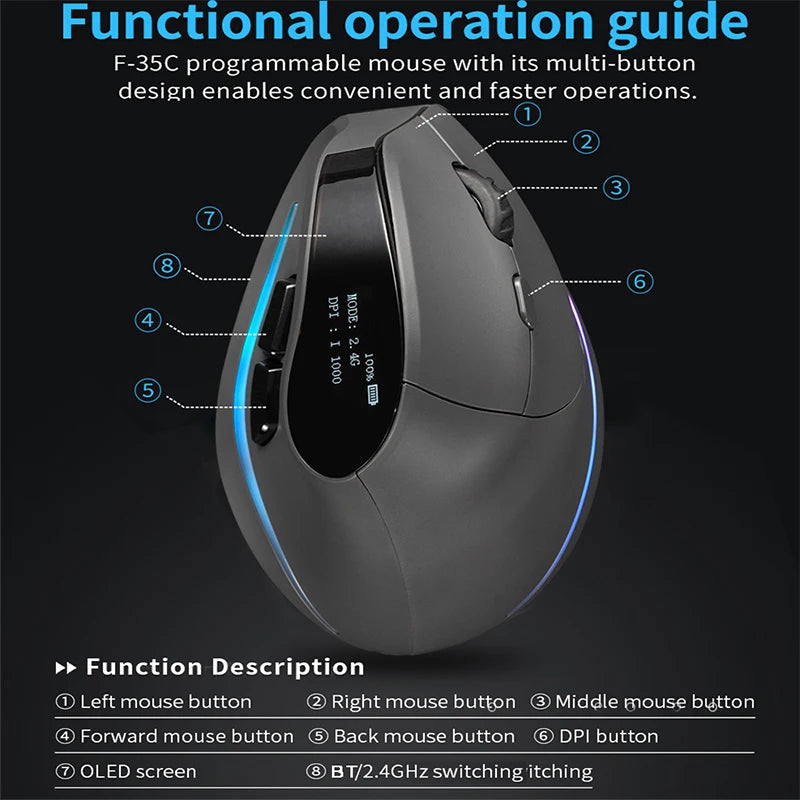 Rechargeable Wireless Vertical Mouse With Screen Display  Ergonomic Mice 6 Button Progammable Gaming Mouse for Gamer Desktop