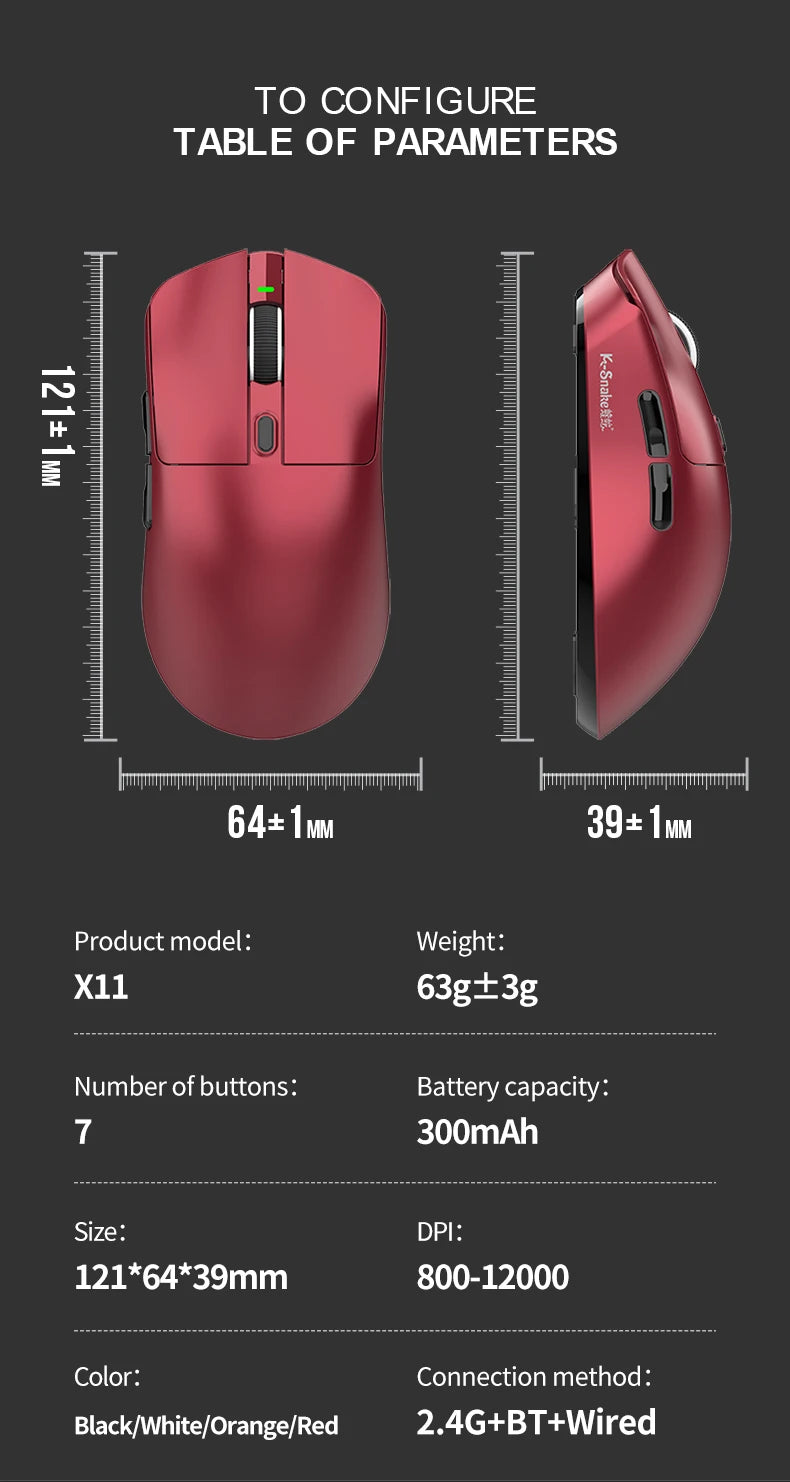 K-Snake X11 Bluetooth wireless mouse three-mode e-sports PAW3311 laptop desktop office game RGB magnetic charging