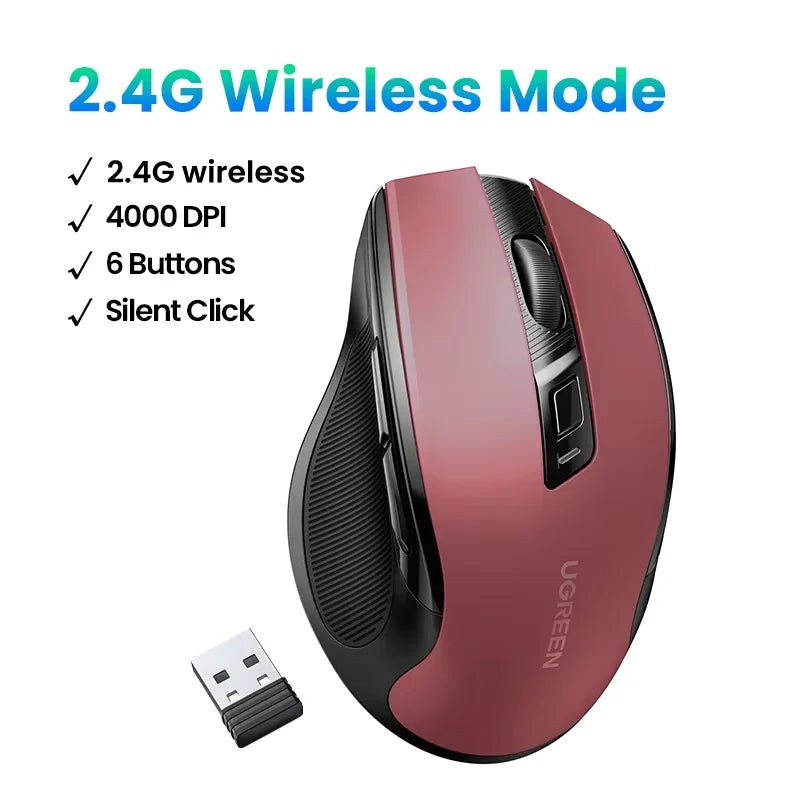 Mouse wireless UGREEN Bluetooth 5.0 ergonomico 4000DPI con 6 pulsanti silenziosi, per MacBook, tablet, laptop, computer e PC, mouse 2.4G