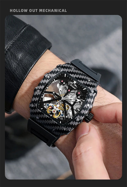 Tourbillion Mechanical Watch for Men Silicone Strap Skeleton Tonneau Automatic Mens Watches Top Brand Luxury Reloj Hombre
