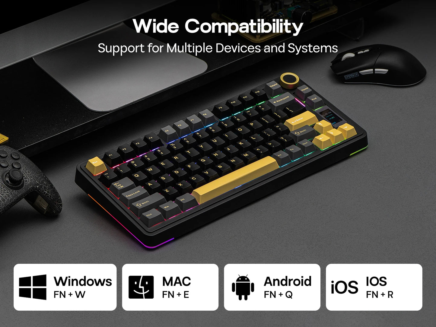 Teclado mecánico EPOMAKER X AULA EA75 MAX 75% ANSI US con hot-swap, montaje gasket, conexión por cable/BT/inalámbrica 2.4GHz, pantalla y perilla