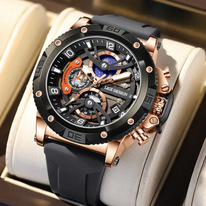 Montre pour homme LIGE Sports – Chronographe de luxe, bracelet en silicone, petits cadrans fonctionnels, mouvement à quartz, étanche et luminescente