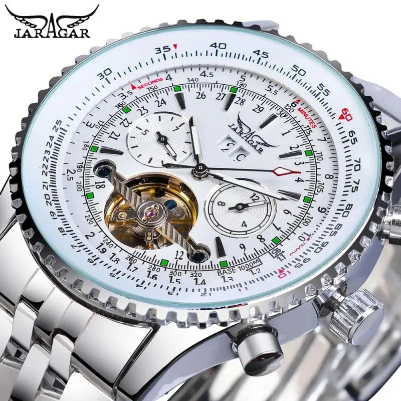 JARAGAR 034 luxury retro automatic mechanical watch, tourbillon, skeletonised case, stainless steel, week calendar, men’s watch