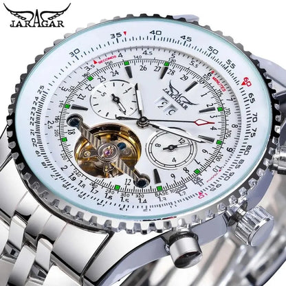 JARAGAR 034 luxury retro automatic mechanical watch, tourbillon, skeletonised case, stainless steel, week calendar, men’s watch