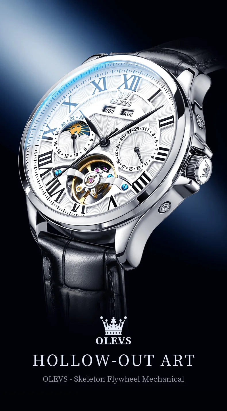 OLEVS 7013 Men’s Automatic Mechanical Watch Moon Phase, Roman Numeral Dial, Skeleton Flywheel, Luminous & 30M Waterproof