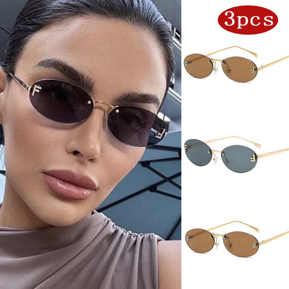 3 darabos női divatmárkás keret nélküli napszemüveg, retro, kicsi, ovális, ötvözetből készült, elegáns, színátmenetes napszemüveg, szabadtéri és utazási szemüveg